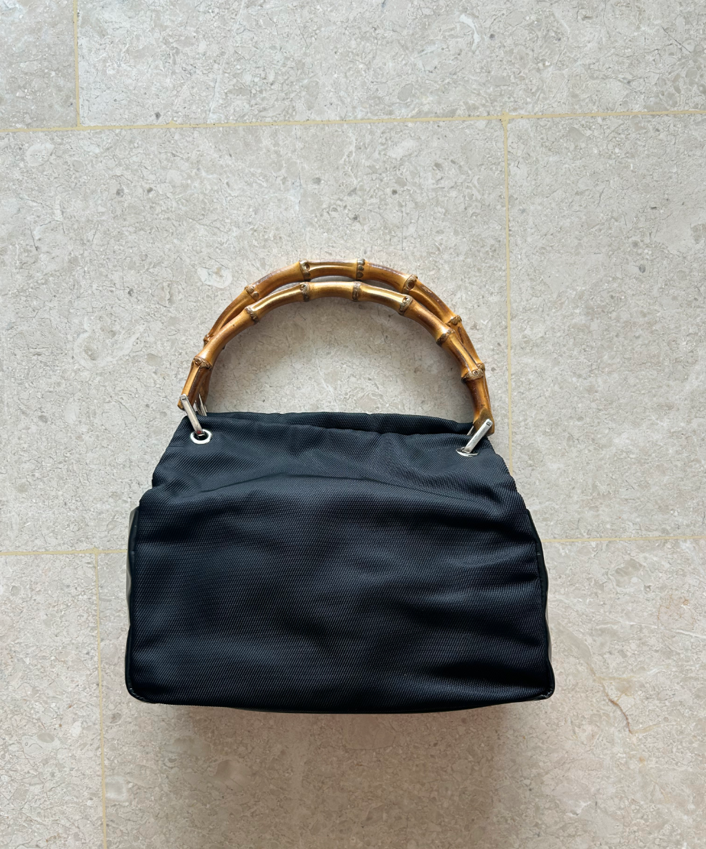 Gucci 90s Bamboo Handle Canvas Leather Handbag