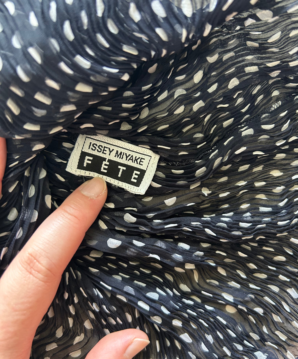 Issey Miyake FETE Black and White Polka Dot Sheer Chiffon French Sleeve Blouse