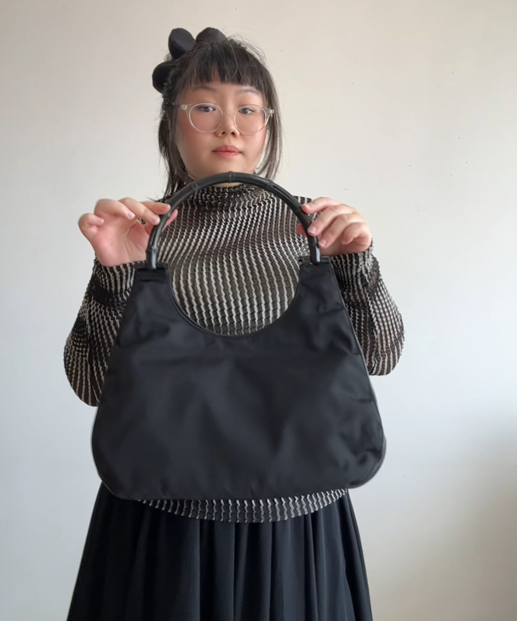 Gucci '90s (Tom Ford era) Black Bamboo Nylon Leather Shoulder Bag