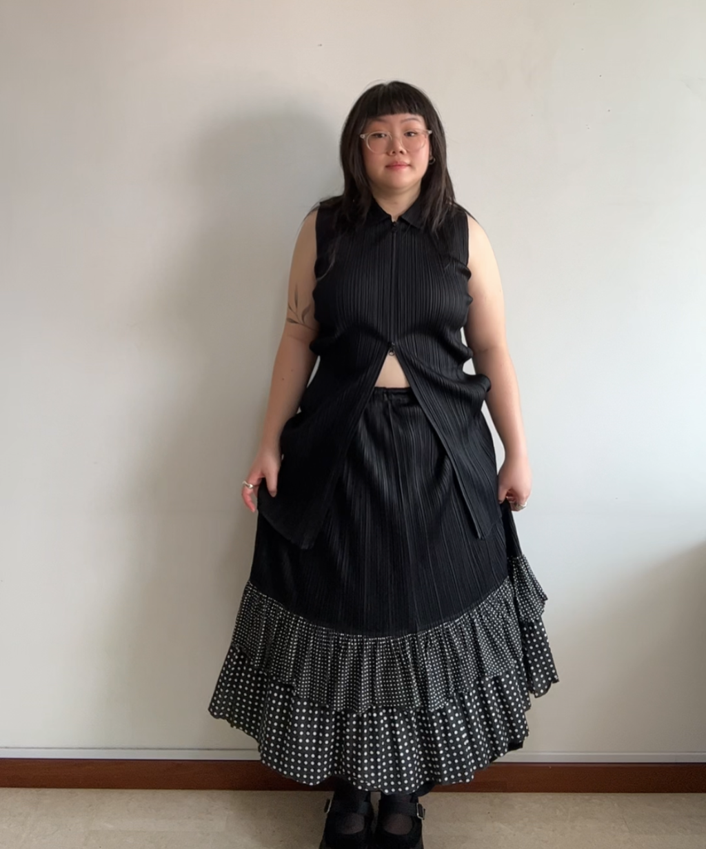 Pleats Please tiered ruffle polka dot pleated skirt