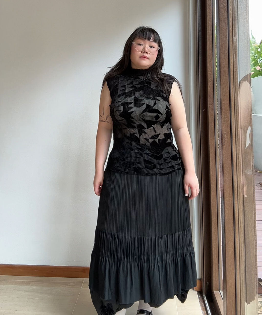 Issey Miyake 90s Geometric Velvet Cutout Sheer Pleated Top