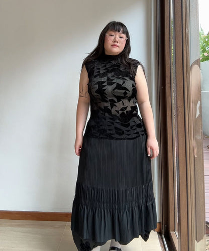 Issey Miyake 90s Geometric Velvet Cutout Sheer Pleated Top