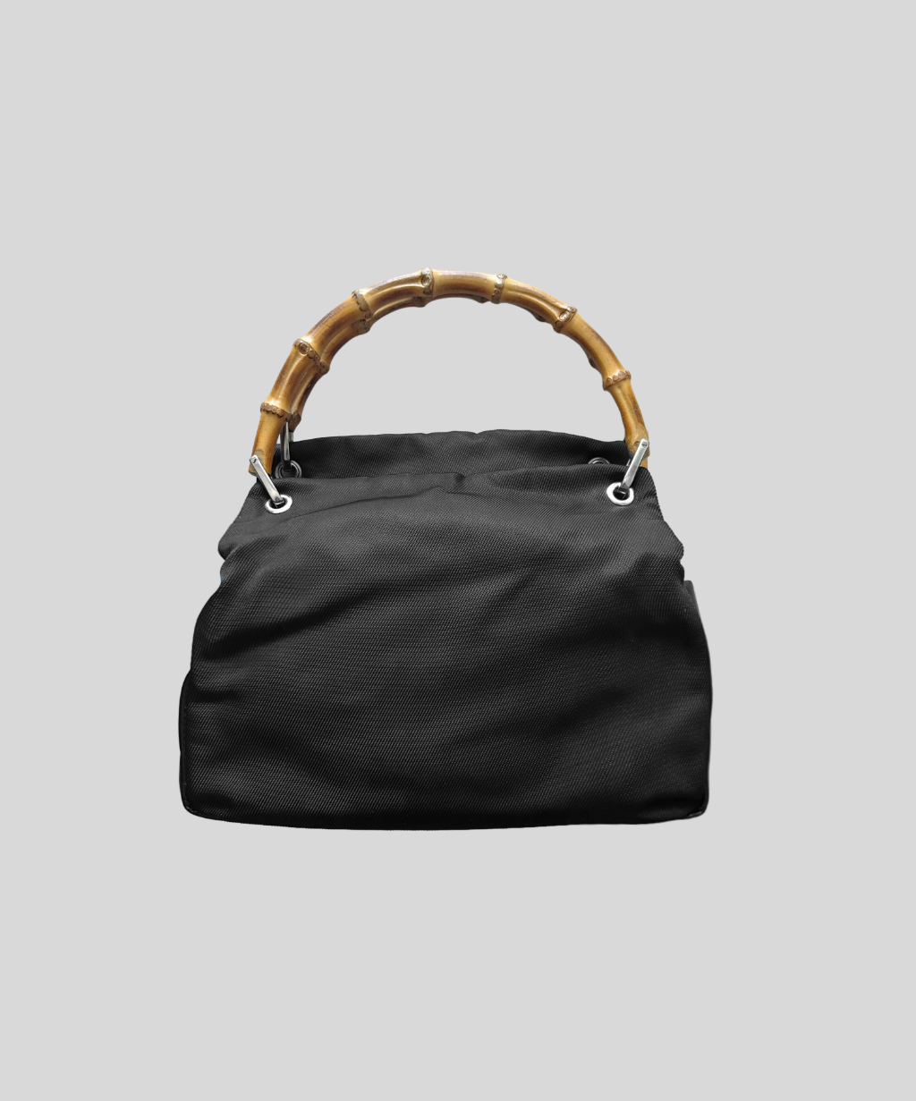 Gucci 90s Bamboo Handle Canvas Leather Handbag