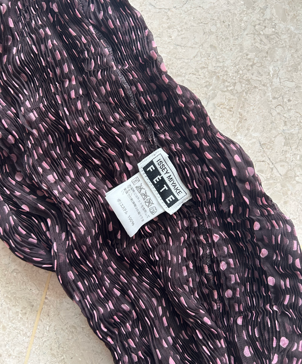 Issey Miyake Fete brown/pink polka dot sheer chiffon french sleeve blouse