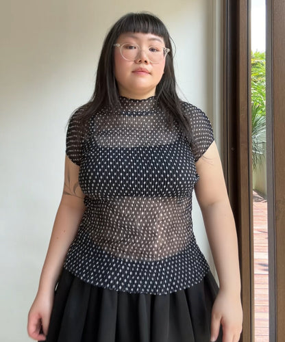 Issey Miyake FETE Black and White Polka Dot Sheer Chiffon French Sleeve Blouse