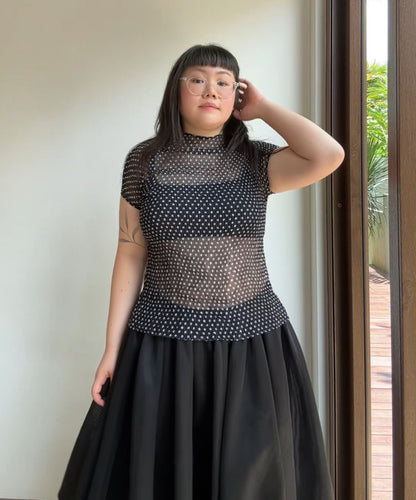 Issey Miyake FETE Black and White Polka Dot Sheer Chiffon French Sleeve Blouse