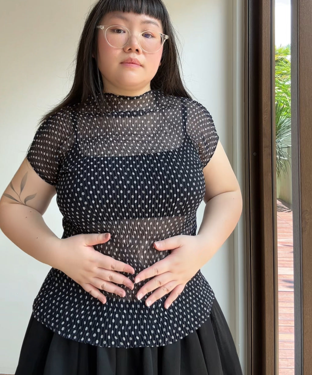 Issey Miyake FETE Black and White Polka Dot Sheer Chiffon French Sleeve Blouse