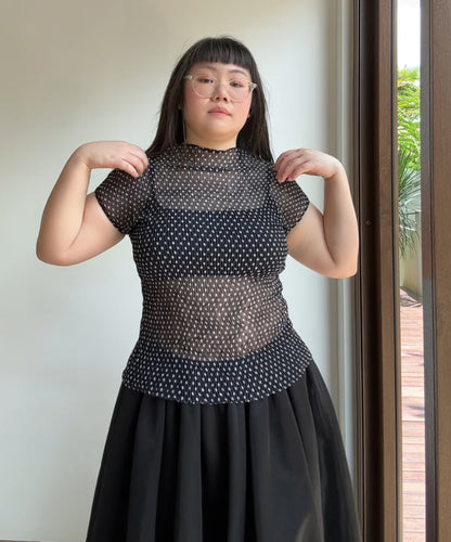 Issey Miyake FETE Black and White Polka Dot Sheer Chiffon French Sleeve Blouse