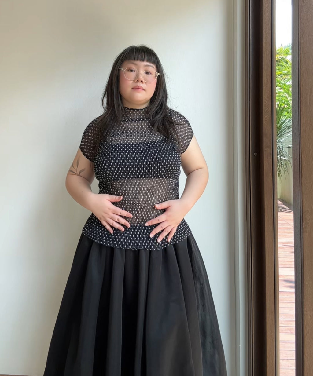 Issey Miyake FETE Black and White Polka Dot Sheer Chiffon French Sleeve Blouse