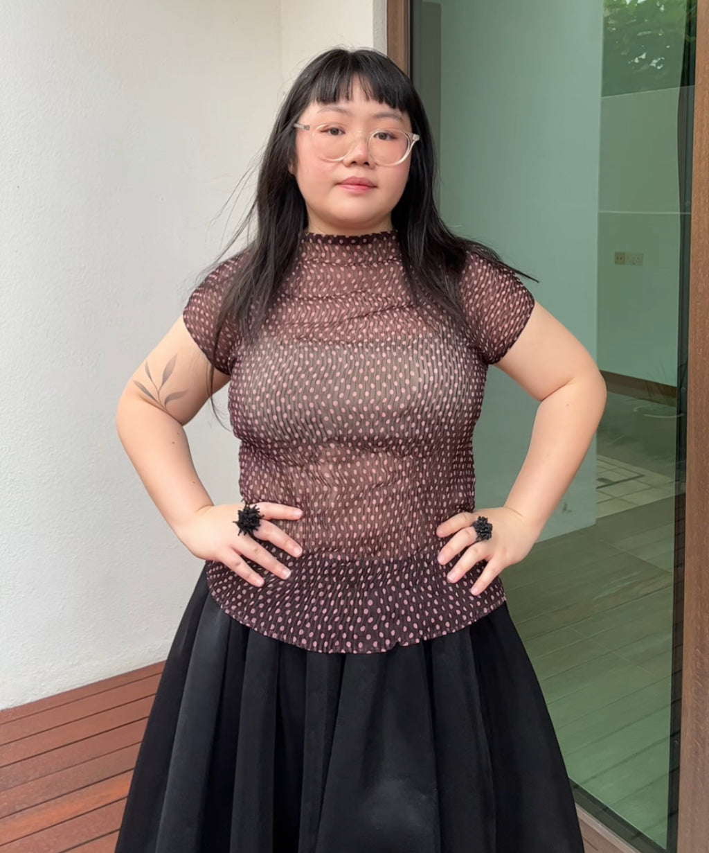 Issey Miyake Fete brown/pink polka dot sheer chiffon french sleeve blouse