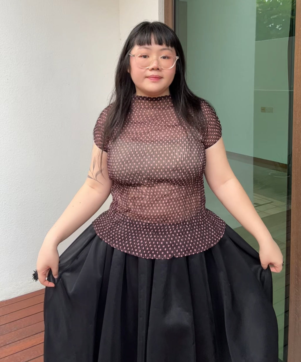 Issey Miyake Fete brown/pink polka dot sheer chiffon french sleeve blouse