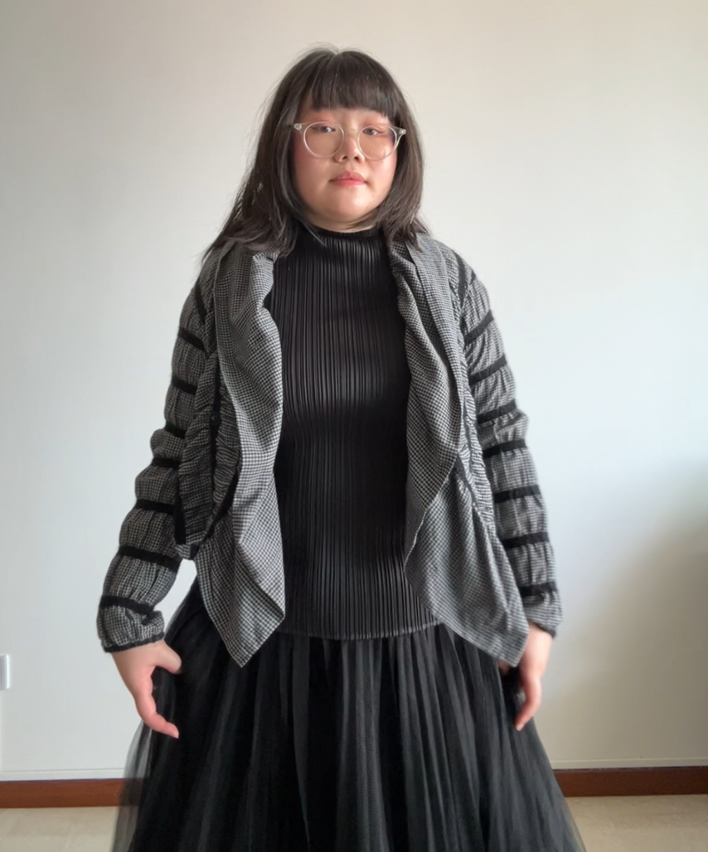 Issey Miyake HAAT Asymmetrical Checkered Shirred Cardigan