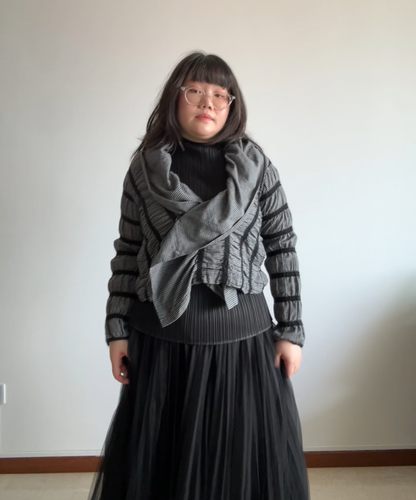Issey Miyake HAAT Asymmetrical Checkered Shirred Cardigan