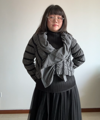 Issey Miyake HAAT Asymmetrical Checkered Shirred Cardigan
