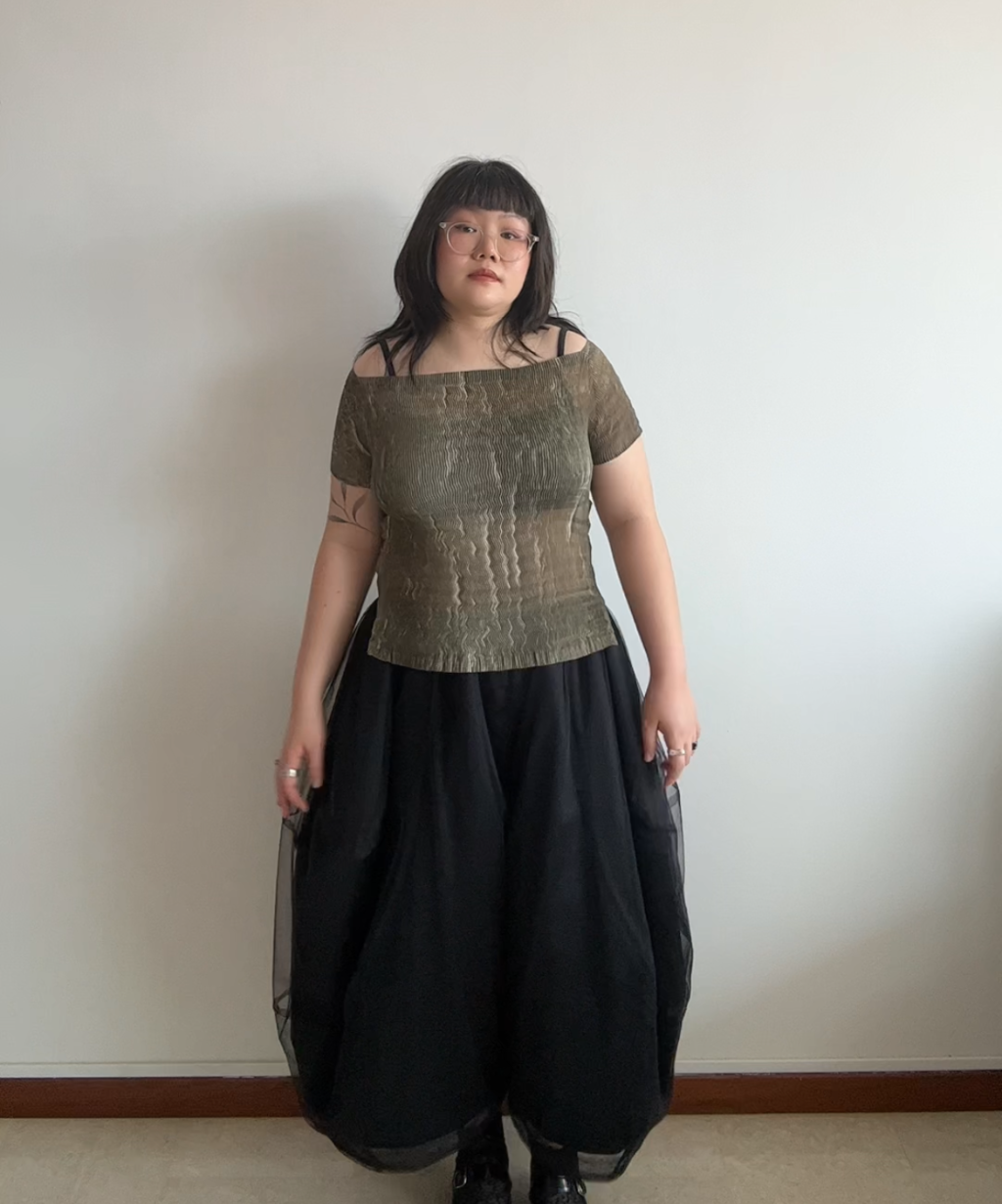 Issey Miyake 1998 Zigzag Pleated Off-Shoulder Top