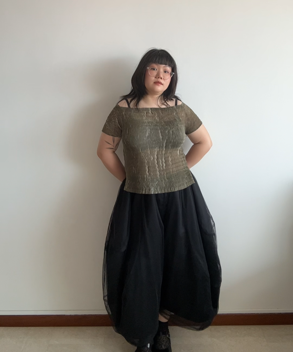 Issey Miyake 1998 Zigzag Pleated Off-Shoulder Top