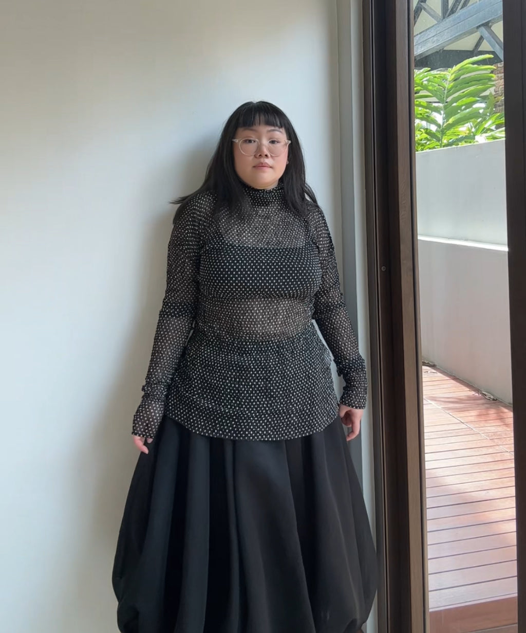 Issey Miyake '94 Black Polka Dot Sheer Long Sleeve Top