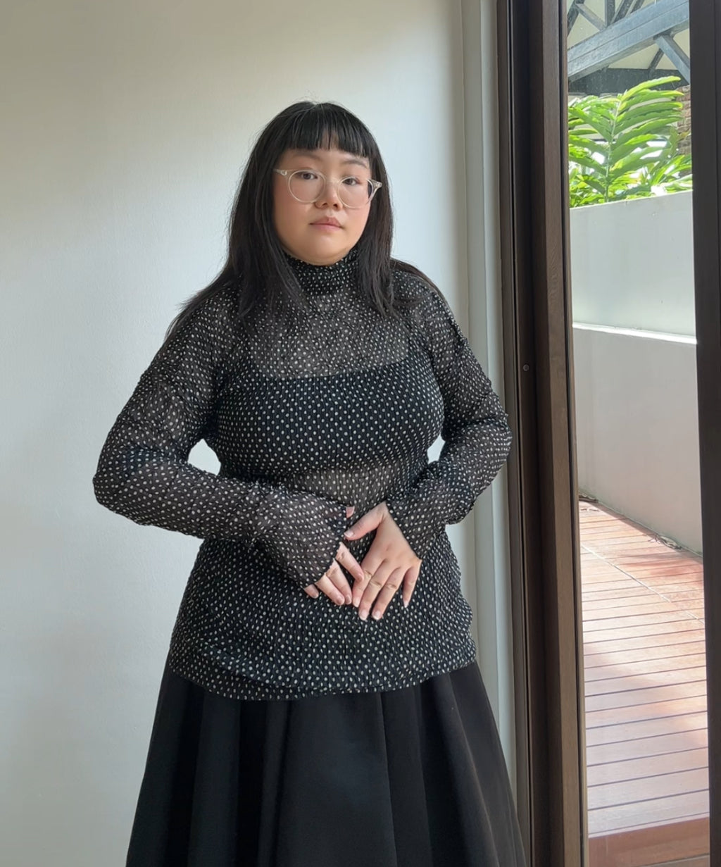 Issey Miyake '94 Black Polka Dot Sheer Long Sleeve Top