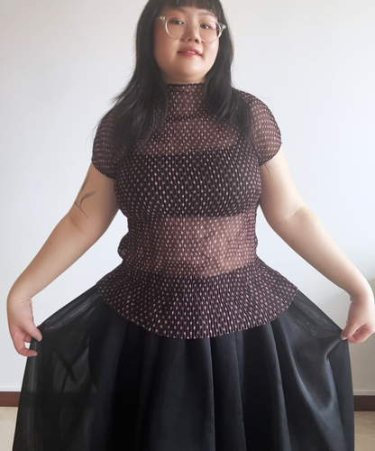 Issey Miyake Fete brown/pink polka dot sheer chiffon french sleeve blouse