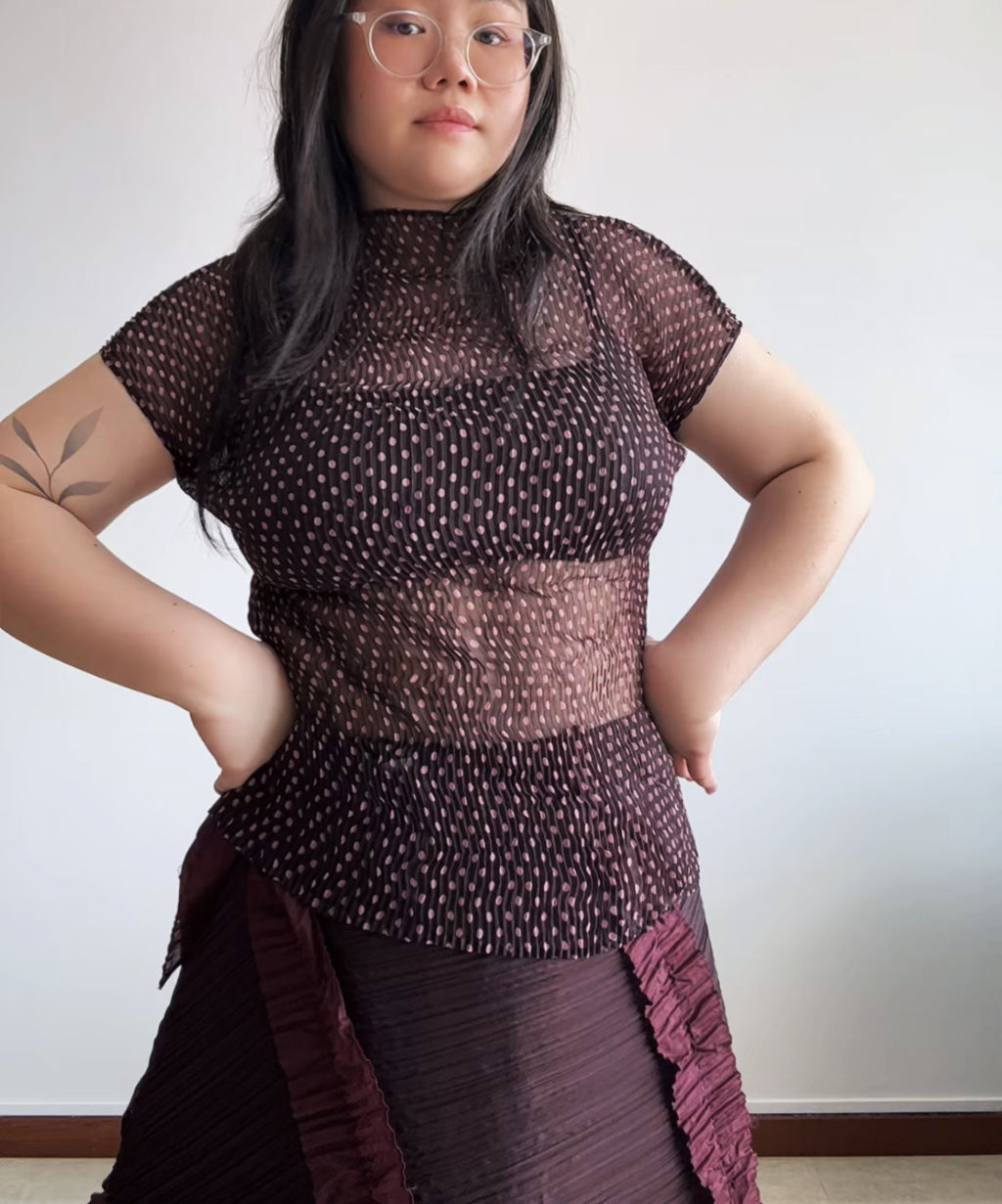 Issey Miyake Fete brown/pink polka dot sheer chiffon french sleeve blouse