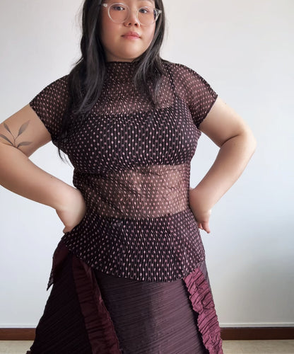 Issey Miyake Fete brown/pink polka dot sheer chiffon french sleeve blouse