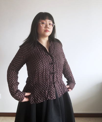 Issey Miyake Fete brown/pink polka dot mandarin shirt