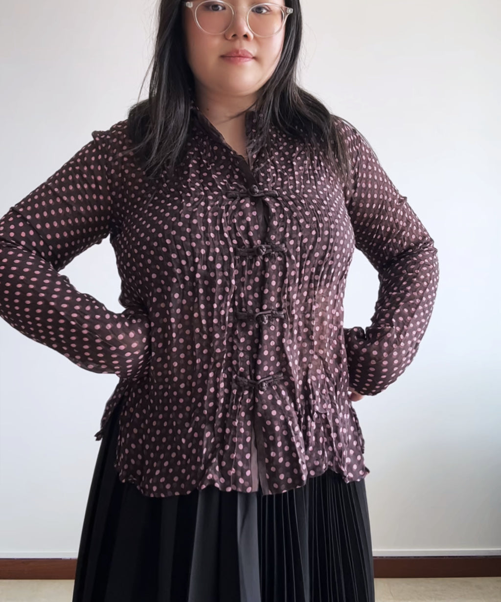 Issey Miyake Fete brown/pink polka dot mandarin shirt