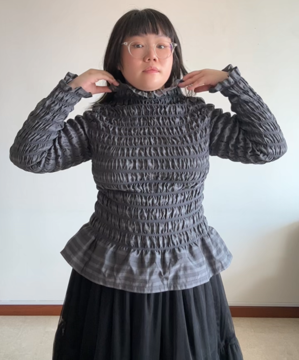 Issey Miyake APOC Shirred Striped Ruffle Hem Top Grey