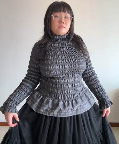 Issey Miyake APOC Shirred Striped Ruffle Hem Top Grey