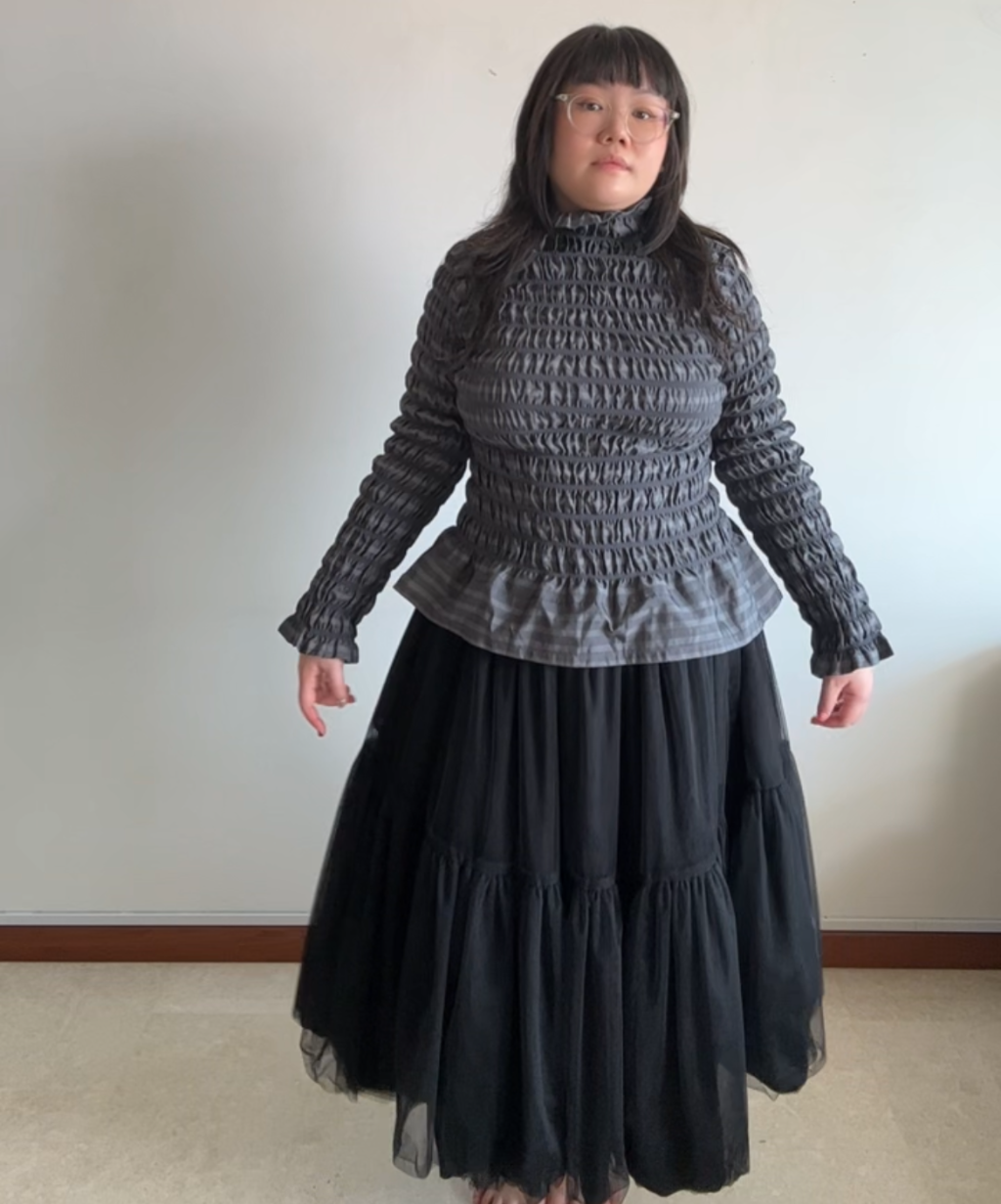 Issey Miyake APOC Shirred Striped Ruffle Hem Top Grey