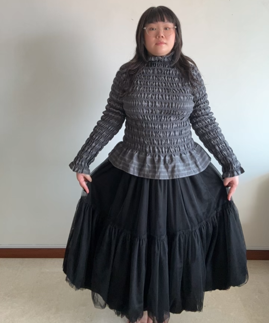 Issey Miyake APOC Shirred Striped Ruffle Hem Top Grey