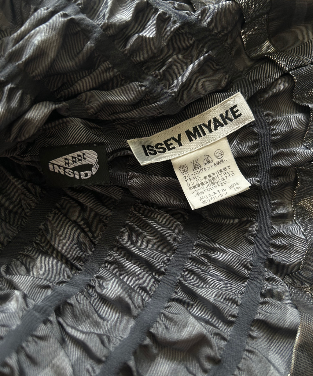 Issey Miyake APOC Shirred Striped Ruffle Hem Top Grey