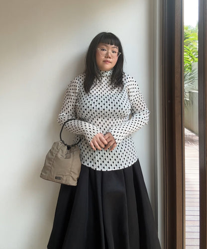 Issey Miyake 90s White Polka Dot Pleated Long Sleeve Top