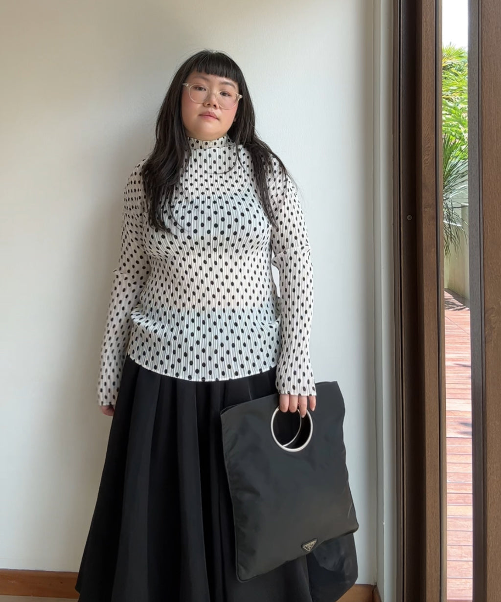 Issey Miyake 90s White Polka Dot Pleated Long Sleeve Top