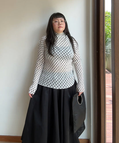 Issey Miyake 90s White Polka Dot Pleated Long Sleeve Top