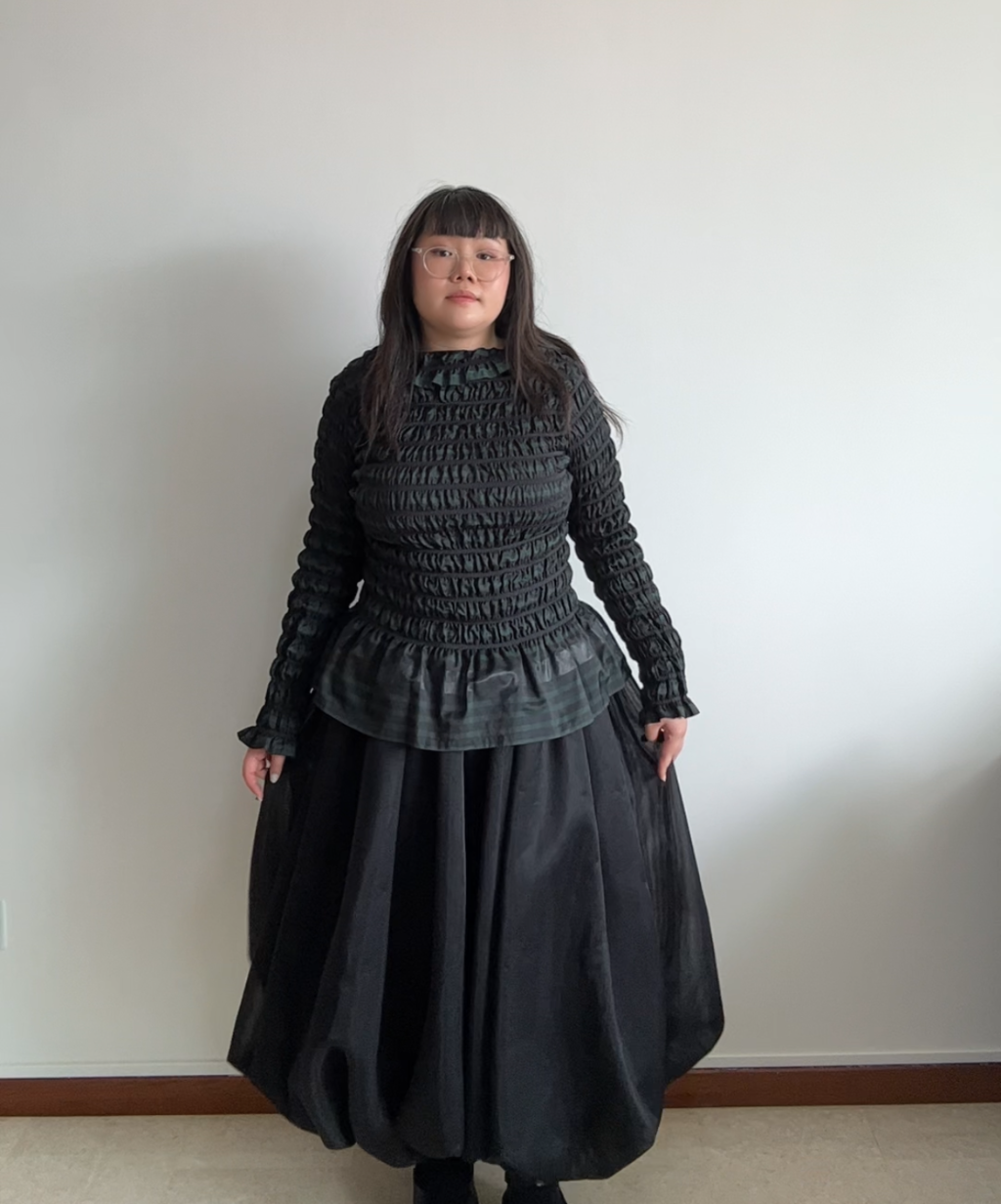 Issey Miyake APOC Shirred Striped Ruffle Hem Top Navy