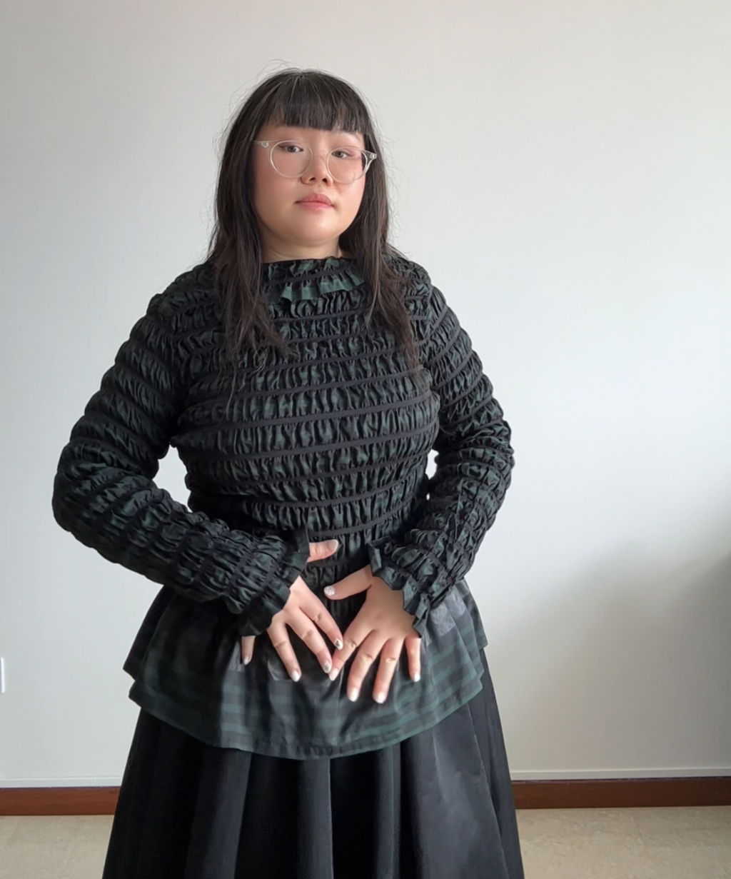 Issey Miyake APOC Shirred Striped Ruffle Hem Top Navy