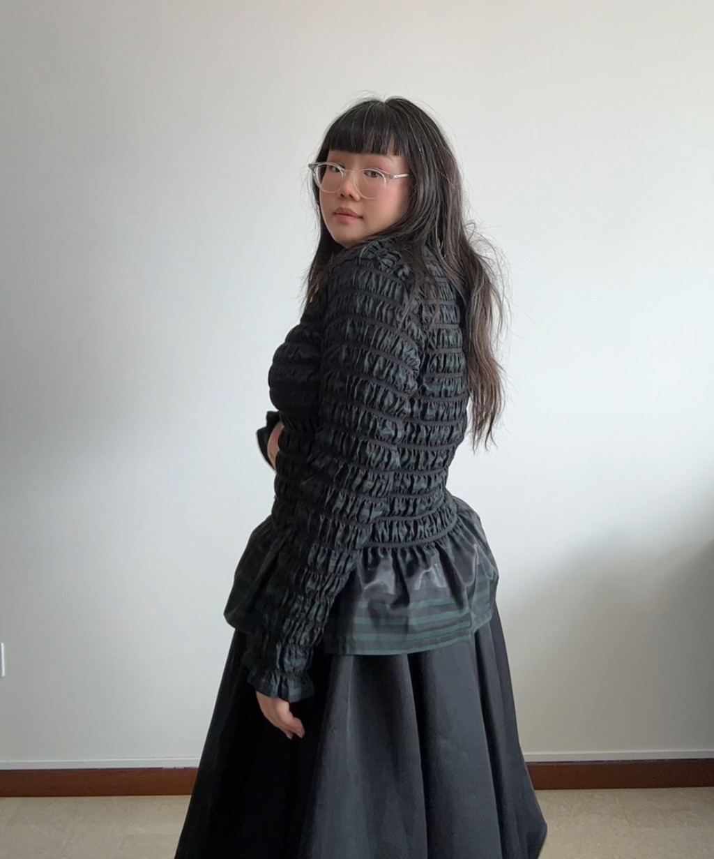 Issey Miyake APOC Shirred Striped Ruffle Hem Top Navy