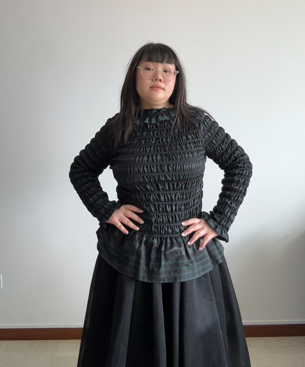 Issey Miyake APOC Shirred Striped Ruffle Hem Top Navy