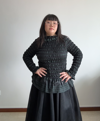 Issey Miyake APOC Shirred Striped Ruffle Hem Top Navy