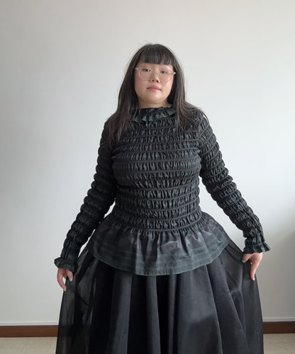 Issey Miyake APOC Shirred Striped Ruffle Hem Top Navy