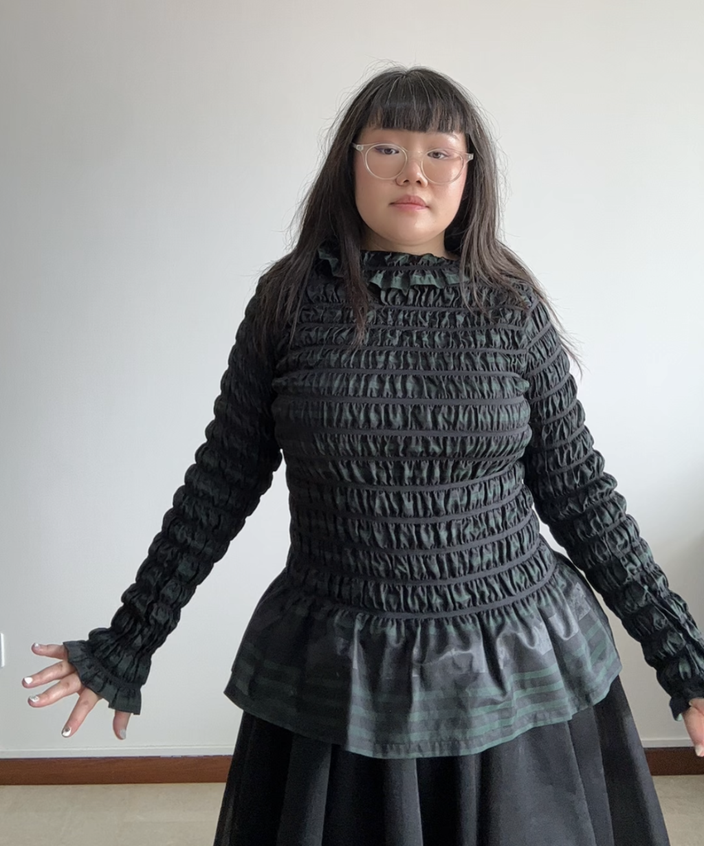 Issey Miyake APOC Shirred Striped Ruffle Hem Top Navy