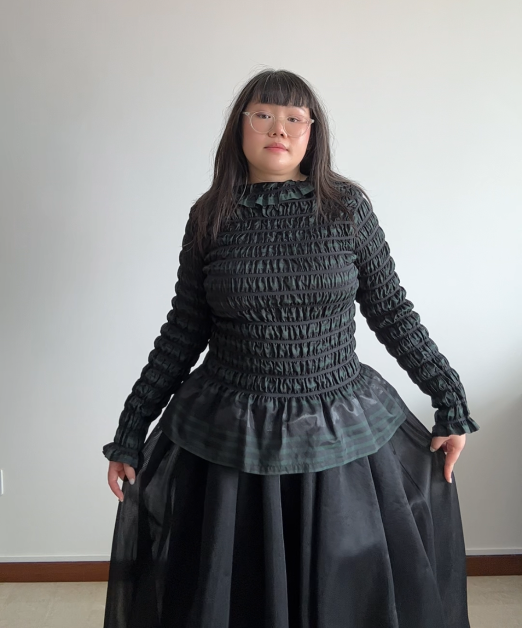 Issey Miyake APOC Shirred Striped Ruffle Hem Top Navy