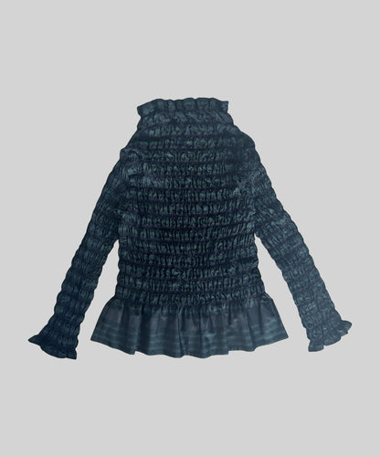 Issey Miyake APOC Shirred Striped Ruffle Hem Top Navy