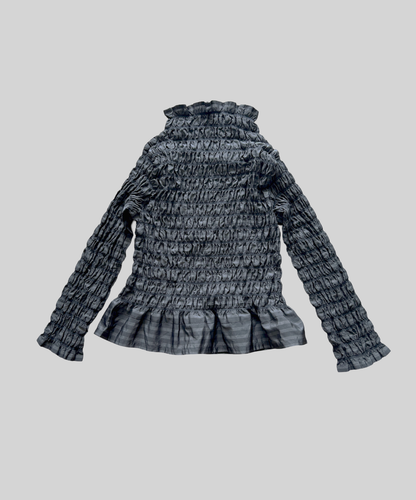 Issey Miyake APOC Shirred Striped Ruffle Hem Top Grey