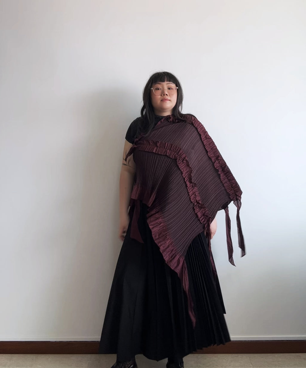 Pleats Please Jellyfish multi-way burgundy ruffle scarf