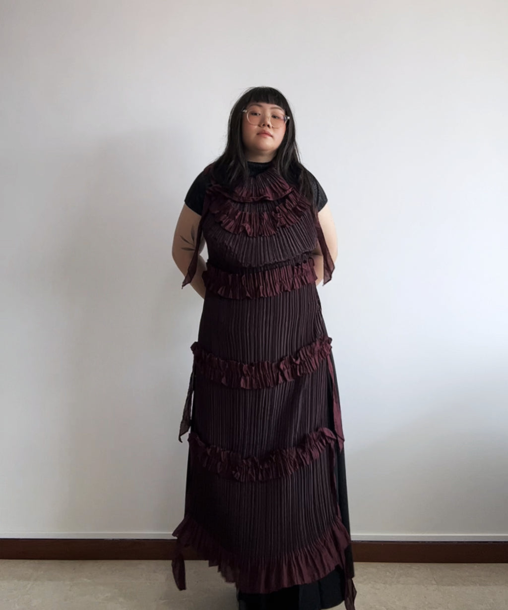 Pleats Please Jellyfish multi-way burgundy ruffle scarf