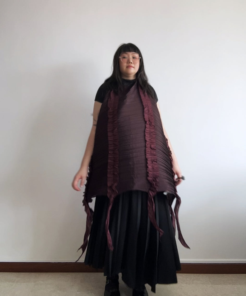 Pleats Please Jellyfish multi-way burgundy ruffle scarf