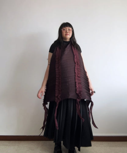 Pleats Please Jellyfish multi-way burgundy ruffle scarf