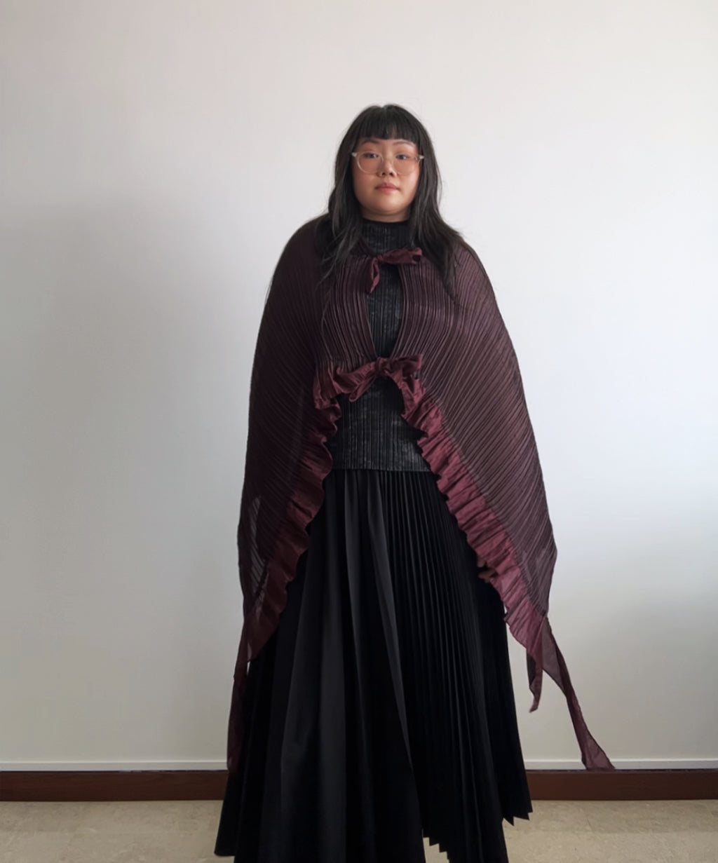 Pleats Please Jellyfish multi-way burgundy ruffle scarf